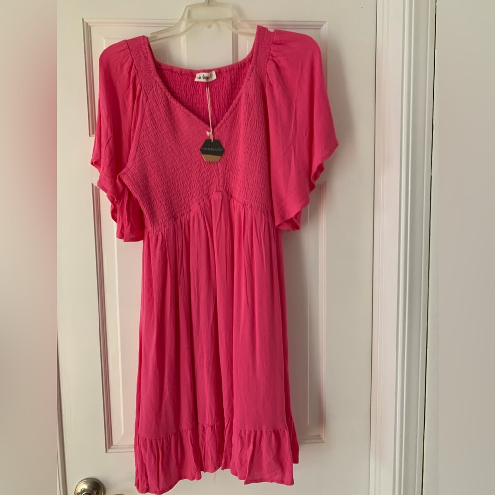 PinkBlush - Fuchsia Smocked Ruffle Maternity Dress, size L (New)